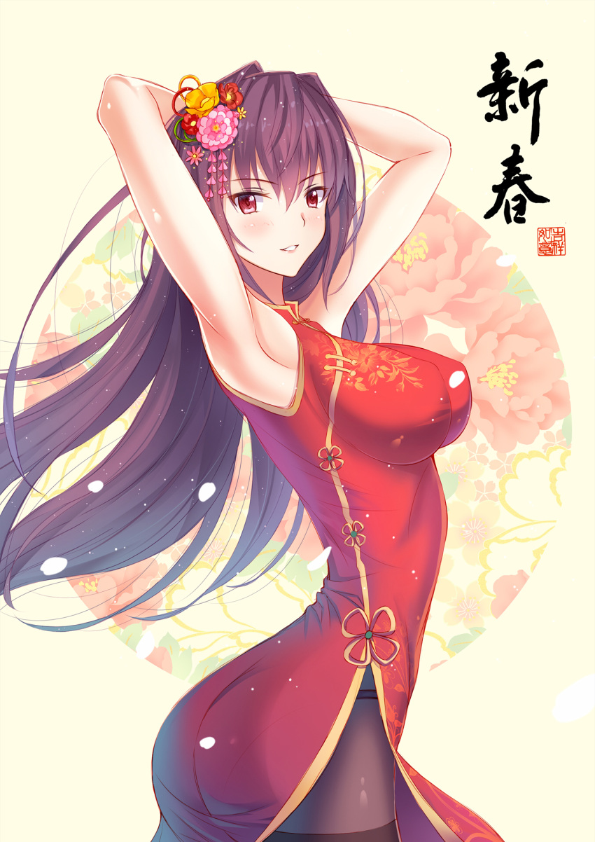 1girl arms_behind_head ass black_legwear breasts china_dress chinese_clothes dress erect_nipples fate/grand_order fate_(series) flower hair_flower hair_ornament highres impossible_clothes impossible_dress large_breasts light_blush light_smile long_hair looking_at_viewer ltt_challenger panties panties_under_pantyhose pantyhose purple_hair red_eyes scathach_(fate/grand_order) side_slit solo thighband_pantyhose underwear