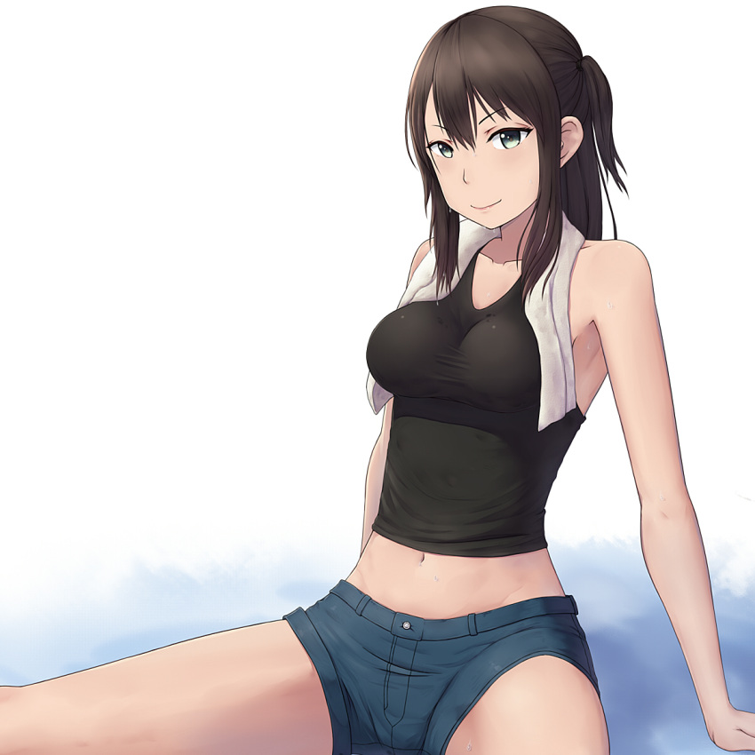 1girl arm_support bare_arms bare_legs bare_shoulders black_shirt blue_eyes breasts brown_hair denim denim_shorts groin highres impossible_clothes looking_at_viewer medium_breasts midriff navel one_side_up seiren shirt shorts side_ponytail smile solo spread_legs tank_top thighs towel towel_around_neck tsuneki_hikari white_background yautau