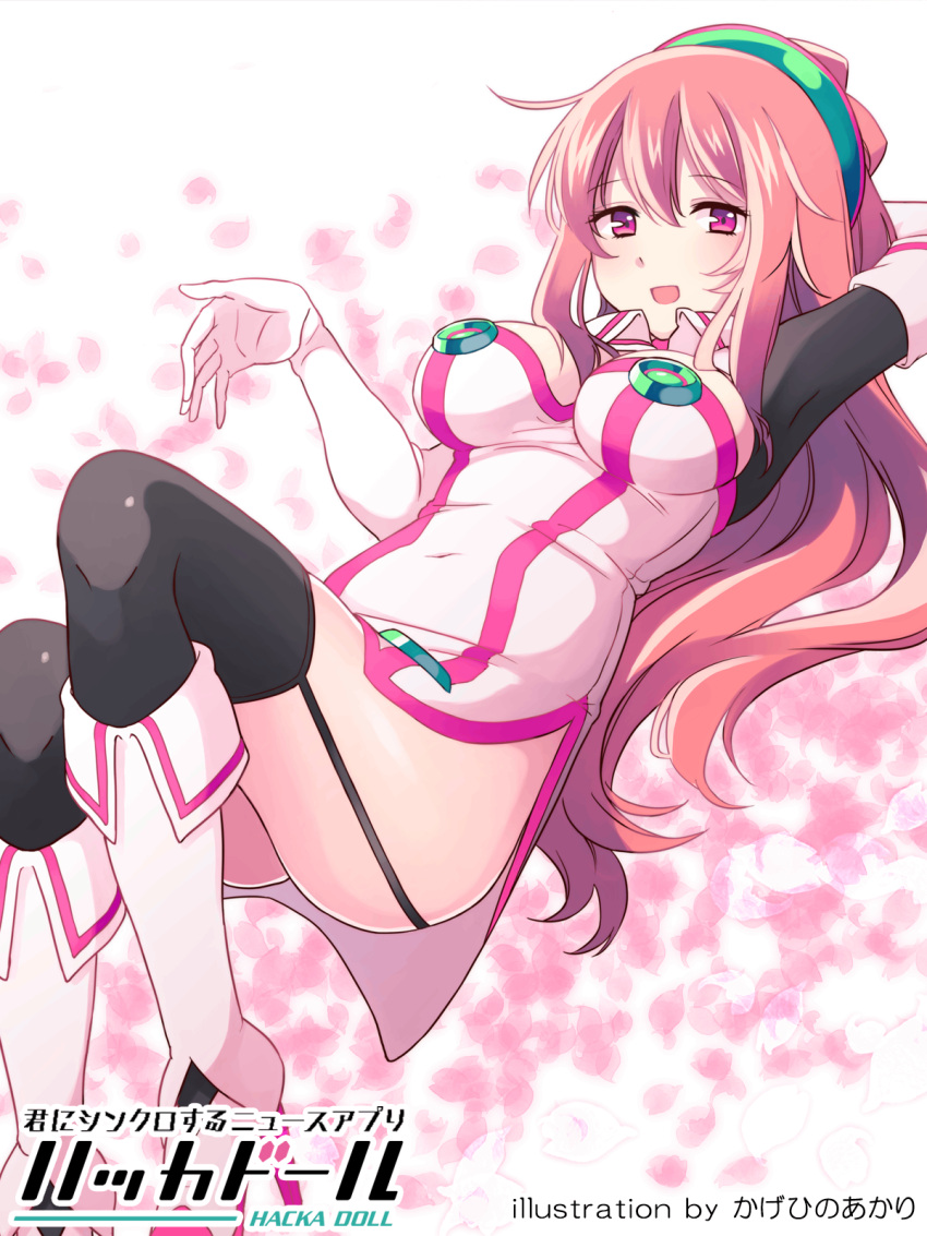 1girl breasts cleavage commentary_request copyright_name garter_straps gloves hacka_doll hacka_doll_2 hand_behind_head highres kagehino_akari large_breasts long_hair looking_at_viewer official_art open_mouth pink_eyes pink_hair smile solo thigh-highs
