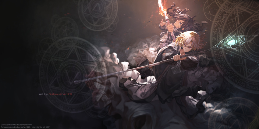1boy 1girl aiming_at_viewer archery artist_name auburn_hair belt blonde_hair blue_eyes bow_(weapon) brown_hair cape cloak commentary dark_background deviantart_username dishwasher1910 dutch_angle fire floating_hair foreshortening frilled_skirt frills head_tilt hexagram holding holding_staff long_sleeves looking_at_viewer mage magic magic_circle original patreon patreon_username robe serious skirt staff violet_eyes weapon wide_sleeves