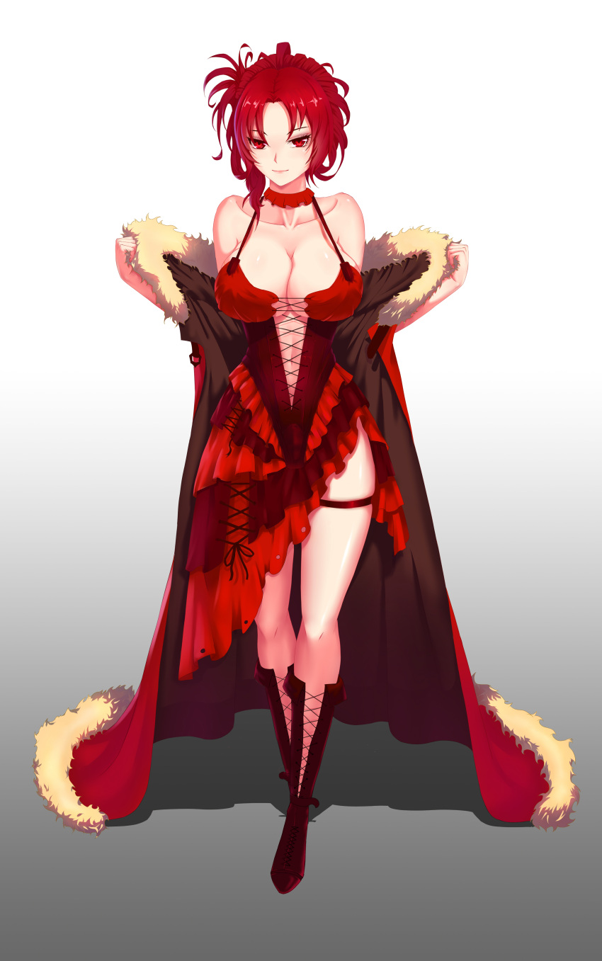 1girl absurdres bangs bare_shoulders benghuai_xueyuan boots breasts cape cleavage closed_mouth collarbone cross-laced_clothes cross-laced_footwear dress eyebrows_visible_through_hair fur_cape gradient gradient_background hands_up highres honkai_impact knee_boots lace-up_boots large_breasts looking_at_viewer midriff murata_himeko navel parted_bangs pink_lips red_boots red_dress red_eyes redhead short_hair skindentation sleeveless sleeveless_dress smile solo standing thigh_strap under_boob ys_yu