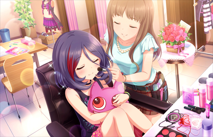 2girls applying_makeup bangs bare_shoulders book box cardboard_box chair choker closed_eyes costume flower hayasaka_mirei heart idolmaster idolmaster_cinderella_girls idolmaster_cinderella_girls_starlight_stage jewelry long_hair magazine makeup multicolored_hair multiple_girls necklace official_art plant purple_hair rose short_hair sitting smile stuffed_animal stuffed_toy table two-tone_hair