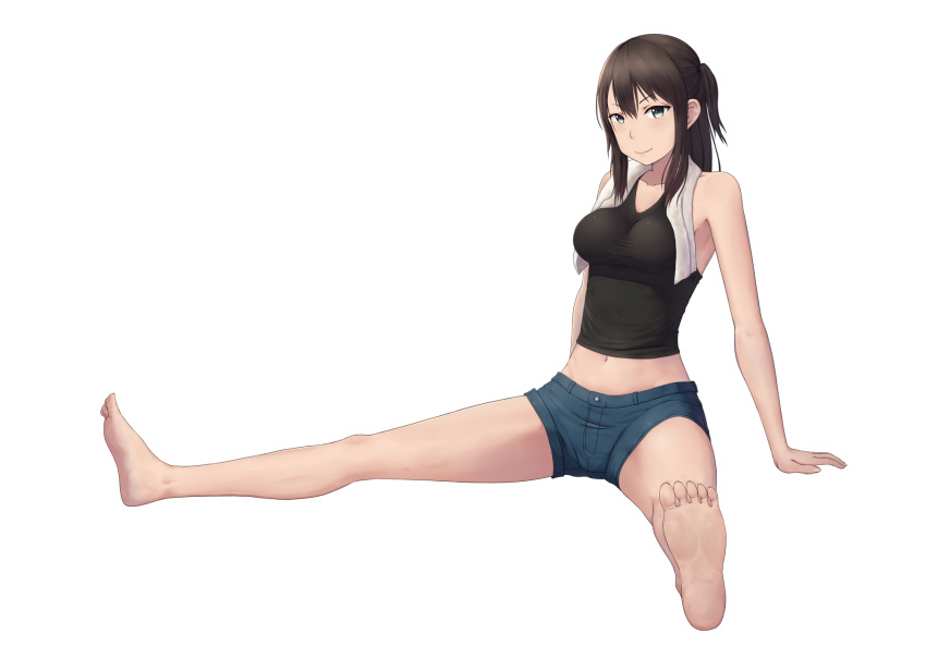 1girl arm_support bare_arms bare_legs bare_shoulders barefoot black_shirt blue_eyes breasts brown_hair closed_mouth denim denim_shorts feet full_body groin highres impossible_clothes looking_at_viewer medium_breasts midriff navel one_side_up seiren shirt shorts side_ponytail smile soles solo spread_legs tank_top thighs toes towel towel_around_neck tsuneki_hikari white_background yautau