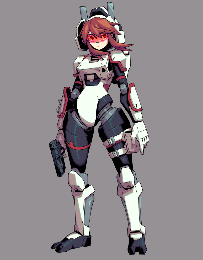 1girl absurdres brown_hair commission full_body goggles grey_background gun highres holding holding_gun holding_weapon jackoonz original power_armor red_goggles solo thigh_strap weapon