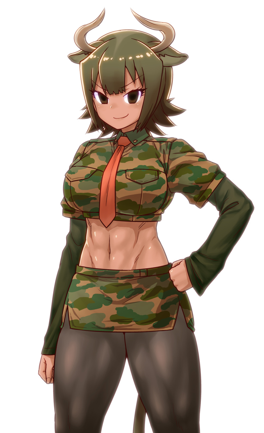 &gt;:) 1girl abs absurdres animal_ears arm_at_side aurochs_(kemono_friends) backlighting bangs black_legwear breasts brown_eyes brown_hair camouflage camouflage_shirt camouflage_skirt clenched_hand closed_mouth collared_shirt cow_ears cow_girl cow_horns cow_tail cowboy_shot dark_skin eyebrows_visible_through_hair eyelashes gradient_hair green_hair green_shirt green_skirt hand_on_hip highres horns itou_yuuji kemono_friends large_breasts layered_clothing legs_apart long_sleeves looking_at_viewer midriff multicolored_hair navel necktie orange_necktie pantyhose shiny shiny_hair shiny_skin shirt short_hair short_sleeves side_slit simple_background skirt smile smirk solo standing stomach tail thick_thighs thighs toned tsurime white_background