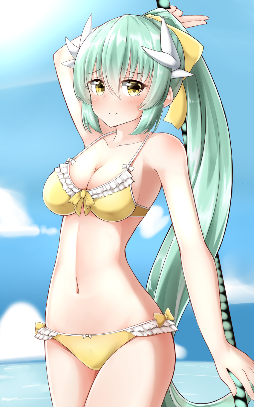 1girl arm_up bangs bikini blue_sky blurry blush breasts cleavage closed_mouth clouds cloudy_sky collarbone cowboy_shot day depth_of_field dragon_horns eyebrows_visible_through_hair fate/grand_order fate_(series) frilled_bikini frills hair_between_eyes highres hips holding holding_weapon horns kiyohime_(fate/grand_order) kiyohime_(swimsuit_lancer)_(fate) long_hair looking_at_viewer medium_breasts moyoron navel ocean outdoors polearm ponytail sidelocks sky smile solo swimsuit thighs weapon yellow_bikini