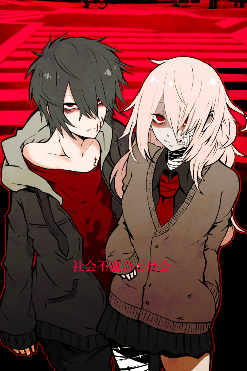 1boy 1girl bags_under_eyes bandaged_cheek bandaged_leg black_hair cardigan crosswalk gauze hair_over_one_eye highres itosiki_zetu jacket limited_palette long_hair looking_at_viewer messy_hair necktie off-shoulder_shirt open_clothes open_jacket original photo_background pink_hair red_background red_etes red_necktie scar school_uniform shirt sleeves_past_wrists stitched_mouth stitches translation_request