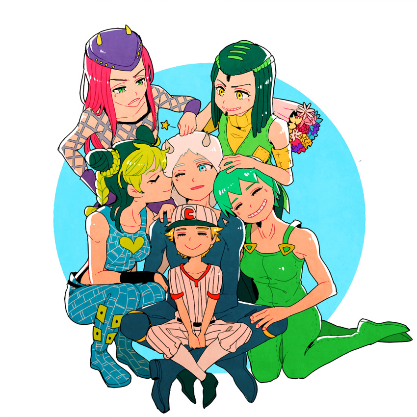 3boys 3girls arm_warmers bare_shoulders baseball_cap baseball_uniform blonde_hair blue_eyes bouquet breasts cheek_kiss closed_eyes double_bun emporio_alnino ermes_costello fishnets flower foo_fighters green_eyes green_hair grin hairlocs hand_on_another's_head hat horns indian_style jojo_no_kimyou_na_bouken kiss kneeling kuujou_jolyne long_hair midriff multicolored_hair multiple_boys multiple_girls narciso_anasui one_eye_closed overalls pants pink_hair shoes short_hair simple_background sitting sitting_on_lap sitting_on_person smile socks sportswear squatting tank_top turtleneck vest weather_report yellow_eyes yyy246