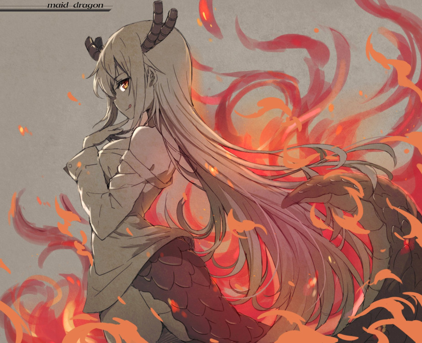 1girl :q bare_shoulders breasts closed_mouth copyright_name cowboy_shot dragon_girl dragon_horns dragon_tail eyebrows_visible_through_hair fire from_side grey_background highres horns kobayashi-san_chi_no_maidragon long_hair long_sleeves looking_at_viewer looking_to_the_side medium_breasts no_pants off_shoulder orange_eyes scales shirt sidelocks simple_background smile solo standing tail tonee tongue tongue_out tooru_(maidragon) very_long_hair