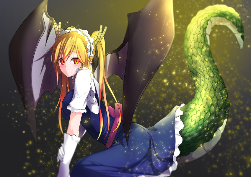 1girl absurdres bangs blonde_hair breasts cosmicsnic dragon_girl dragon_horns dragon_tail dragon_wings dress gloves highres horns kobayashi-san_chi_no_maidragon large_breasts long_hair looking_at_viewer maid maid_headdress monster_girl red_eyes sash slit_pupils smile solo tail tail_raised tied_hair tooru_(maidragon) twintails white_gloves wings