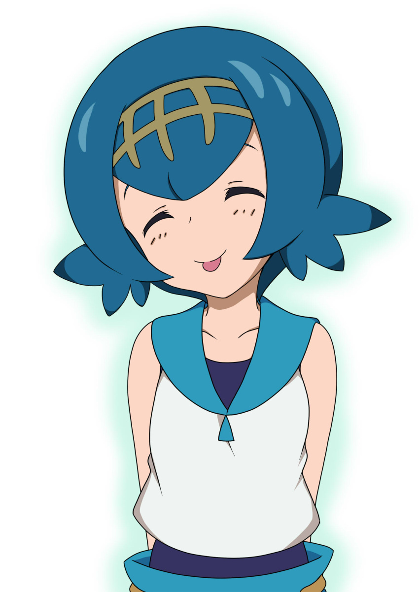 1girl arms_behind_back bangs bare_shoulders belt blue_hair blue_pants blue_swimsuit blush breasts brown_hairband closed_eyes closed_mouth collarbone commentary_request crop_top hairband head_tilt highres kiri_(foxsnake) one-piece_swimsuit outline pants pokemon pokemon_(game) pokemon_sm sailor_collar shirt short_hair simple_background sleeveless sleeveless_shirt small_breasts solo suiren_(pokemon) swimsuit swimsuit_under_clothes tongue tongue_out trial_captain upper_body white_background white_shirt