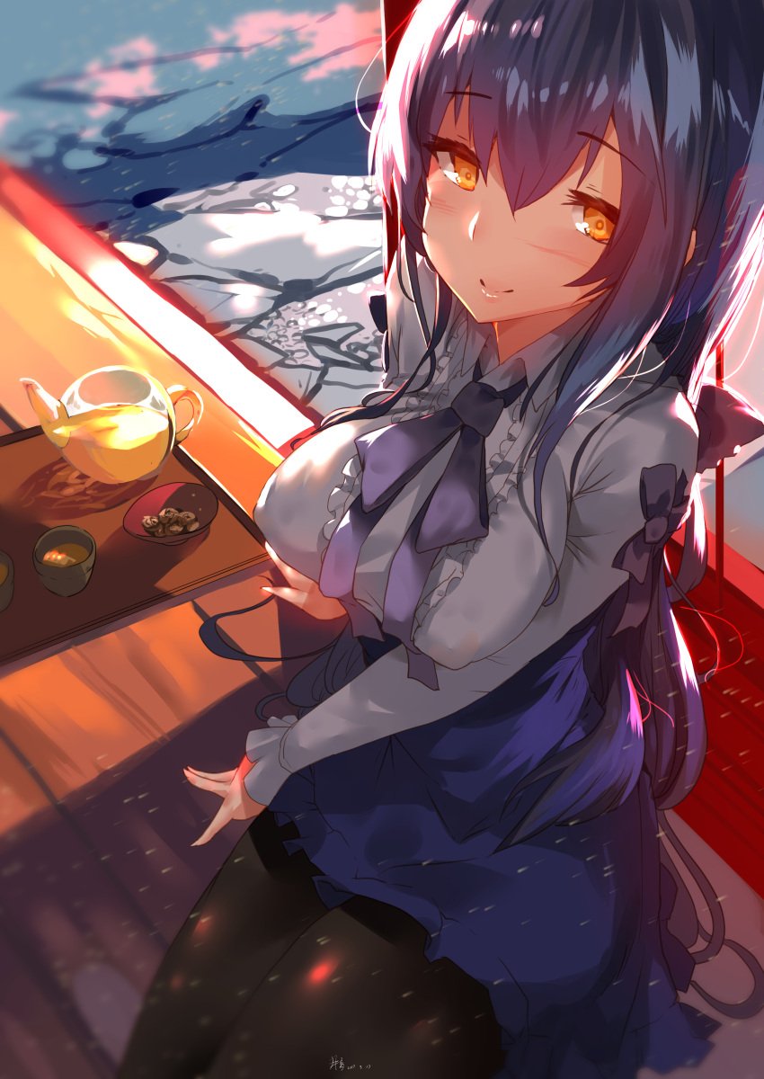 1girl absurdres blue_hair blush breasts dress eyebrows eyebrows_visible_through_hair food frills girls_frontline hair_between_eyes highres large_breasts long_hair looking_at_viewer meme_attire pantyhose pov ribbon smile solo tar-21_(girls_frontline) tea virgin_killer_outfit yellow_eyes yueqin_(monnpiano)