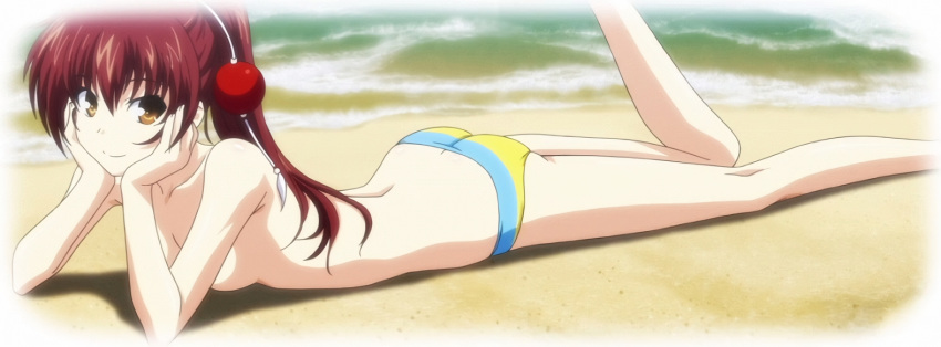 1girl ass beach breasts brown_eyes brown_hair cleavage collarbone eyebrows_visible_through_hair hair_between_eyes hair_ornament head_rest kawakami_kazuko long_hair looking_at_viewer lying maji_de_watashi_ni_koi_shinasai! on_stomach outdoors ponytail screencap simple_background small_breasts smile solo striped_bikini_bottom the_pose topless