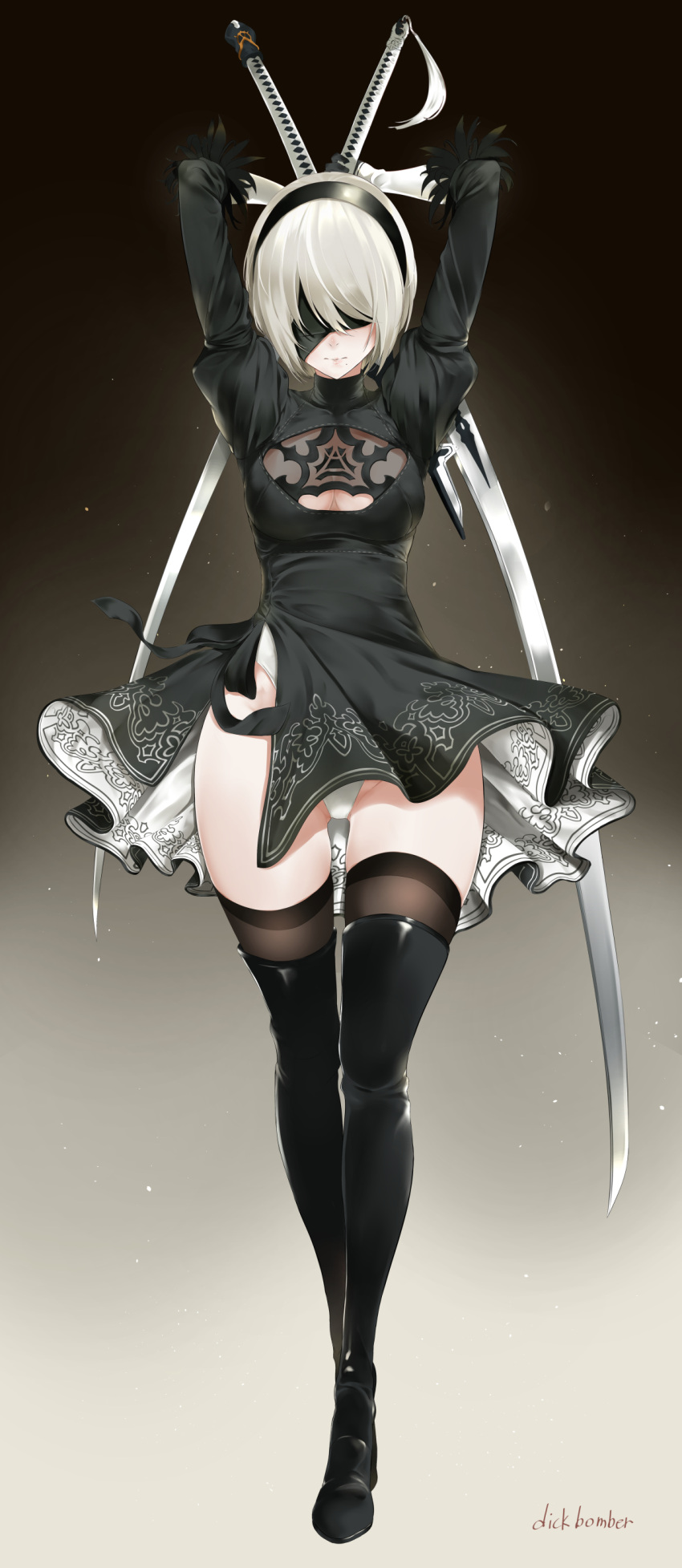 1girl absurdres arms_up artist_name black_dress black_legwear blindfold boots breasts cleavage dress full_body gloves gluteal_fold gradient gradient_background hairband highres katana leewh1515 leotard_under_clothes medium_breasts mole mole_under_mouth nier_(series) nier_automata short_dress short_hair side_slit silver_hair simple_background solo sword thigh-highs thigh_boots weapon yorha_no._2_type_b