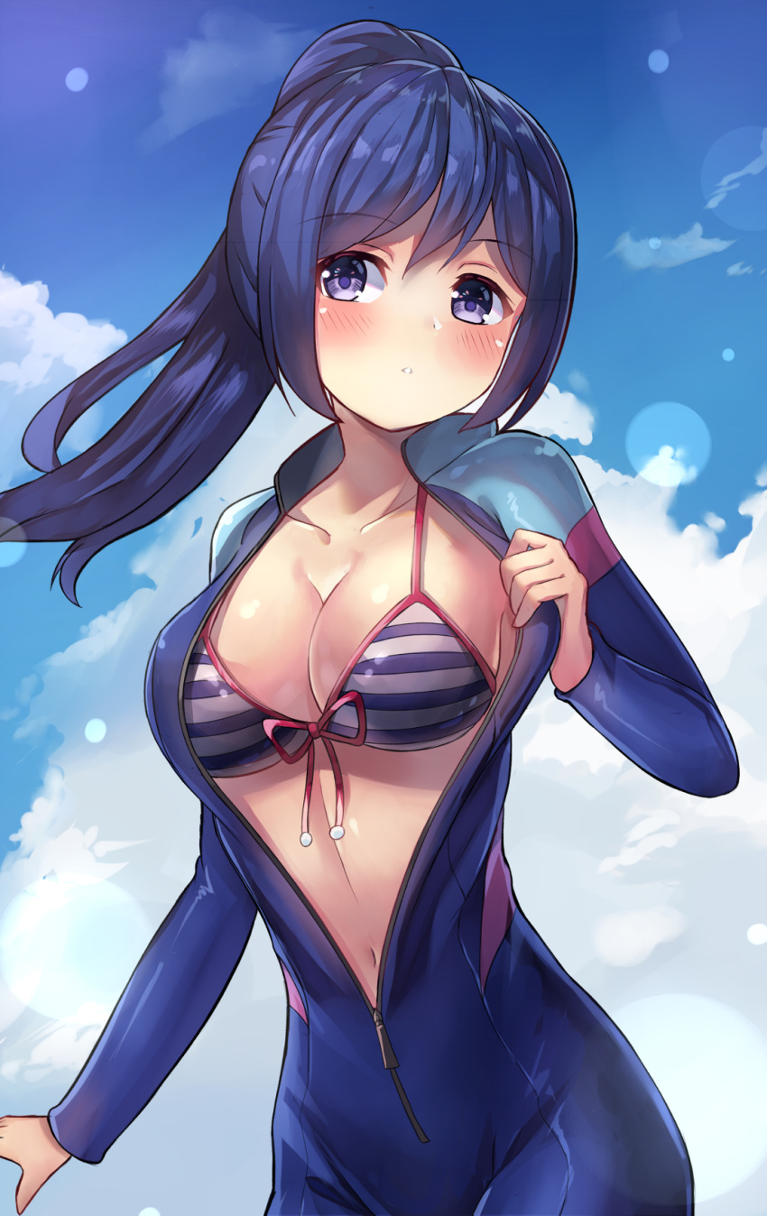 1girl bikini blue_hair blush breasts cleavage clouds day front-tie_top highres lens_flare long_hair looking_at_viewer love_live! love_live!_sunshine!! matsuura_kanan motokonut navel parted_lips ponytail solo striped striped_bikini swimsuit swimsuit_under_clothes upper_body violet_eyes wetsuit