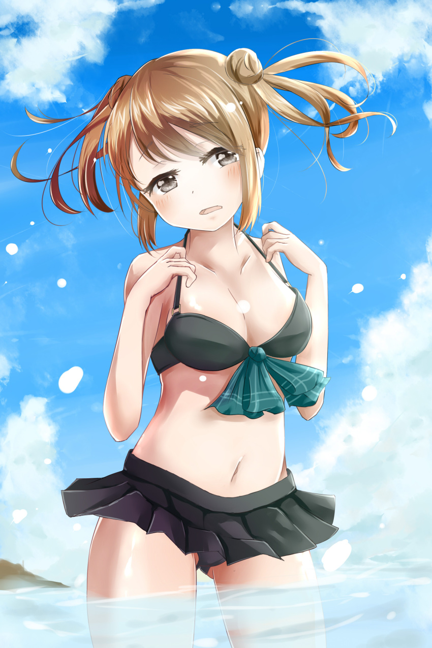 1girl absurdres bikini bikini_skirt black_bikini black_skirt breasts brown_eyes brown_hair cleavage clouds cowboy_shot day double_bun front-tie_top gluteal_fold hair_bun highres kantai_collection medium_breasts michishio_(kantai_collection) navel open_mouth outdoors short_hair short_twintails skirt solo standing swimsuit twintails wading water yuriasu_(pixiv4311732)