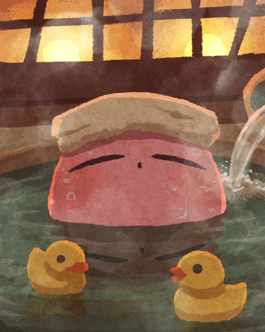 closed_eyes highres kirby kirby_(series) miclot no_humans onsen partially_submerged reflection reflective_water rubber_duck solo steam towel towel_on_head water