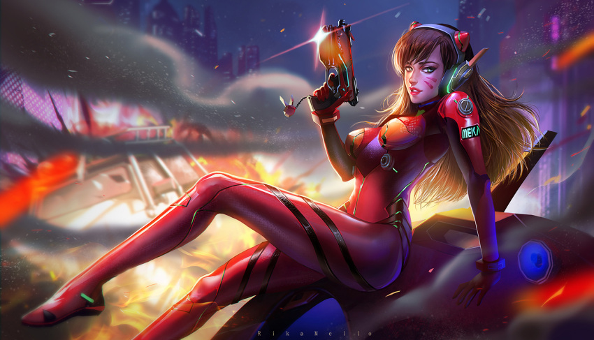 1girl acronym arm_at_side arm_support artist_name bangs blonde_hair blue_eyes bodysuit boots bracer breasts charm_(object) closed_mouth cosplay d.va_(overwatch) d.va_(overwatch)_(cosplay) eyelashes eyeliner eyeshadow facial_mark finger_on_trigger floating_hair glint gloves gun hand_up handgun headphones holding holding_gun holding_weapon leg_up lipstick long_hair long_sleeves looking_at_viewer makeup mecha medium_breasts meka_(overwatch) neon_genesis_evangelion nose one_leg_raised orange_hair overwatch pauldrons pilot_suit plugsuit red_bodysuit red_boots red_gloves red_lips red_lipstick rikamello shoulder_pads sitting skin_tight smile solo souryuu_asuka_langley swept_bangs thigh-highs thigh_boots weapon whisker_markings