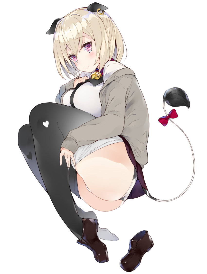 1girl animal_ears artist_name bangs bell bell_collar black_legwear blonde_hair blush bow breasts brown_shoes cardigan collar commentary cow_ears cow_girl cow_tail eyebrows_visible_through_hair highres jingle_bell kou_mashiro large_breasts loafers looking_at_viewer original pantyhose pantyhose_pull red_bow shirt shoes shoes_removed short_hair single_shoe sleeves_past_wrists smile solo tail tail_bow thighs transparent_background violet_eyes white_shirt