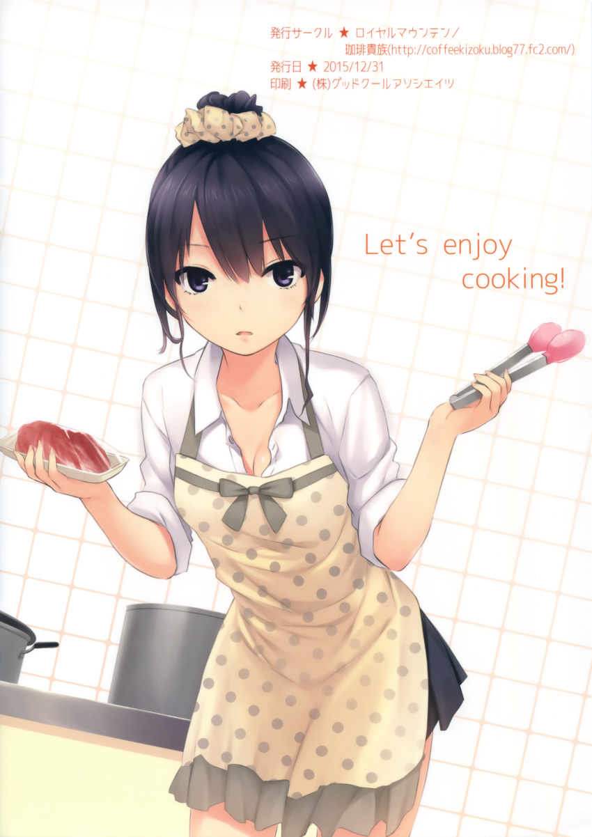 1girl absurdres apron black_eyes black_hair black_skirt breasts cleavage coffee-kizoku collarbone english eyebrows_visible_through_hair hair_ornament hair_scrunchie highres holding leaning_forward looking_at_viewer medium_breasts open_clothes open_shirt original parted_lips pleated_skirt polka_dot polka_dot_apron scrunchie shiramine_rika shirt short_hair skirt solo standing tongs white_shirt