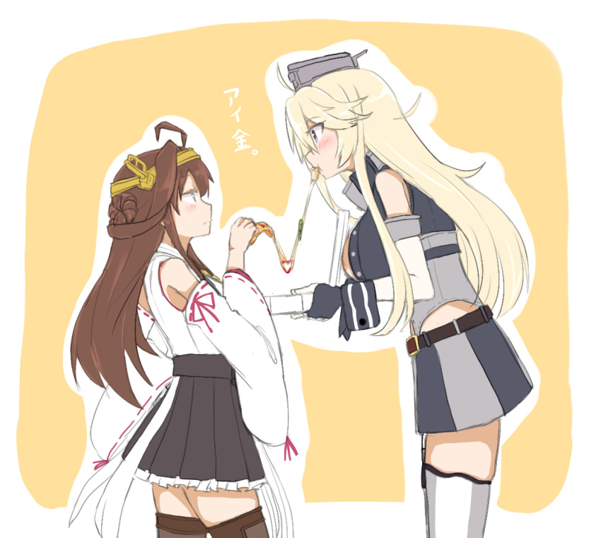 2girls ahoge atsushi_(aaa-bbb) bare_shoulders blonde_hair blue_eyes blush breasts brown_eyes cleavage detached_sleeves eating eye_contact food from_side hair_between_eyes hair_bun height_difference iowa_(kantai_collection) japanese_clothes jitome kantai_collection kongou_(kantai_collection) large_breasts long_eyelashes long_hair looking_at_another miniskirt multiple_girls nontraditional_miko pizza pizza_box pleated_skirt profile ribbon-trimmed_sleeves ribbon_trim skirt thigh-highs translated wide_sleeves zettai_ryouiki
