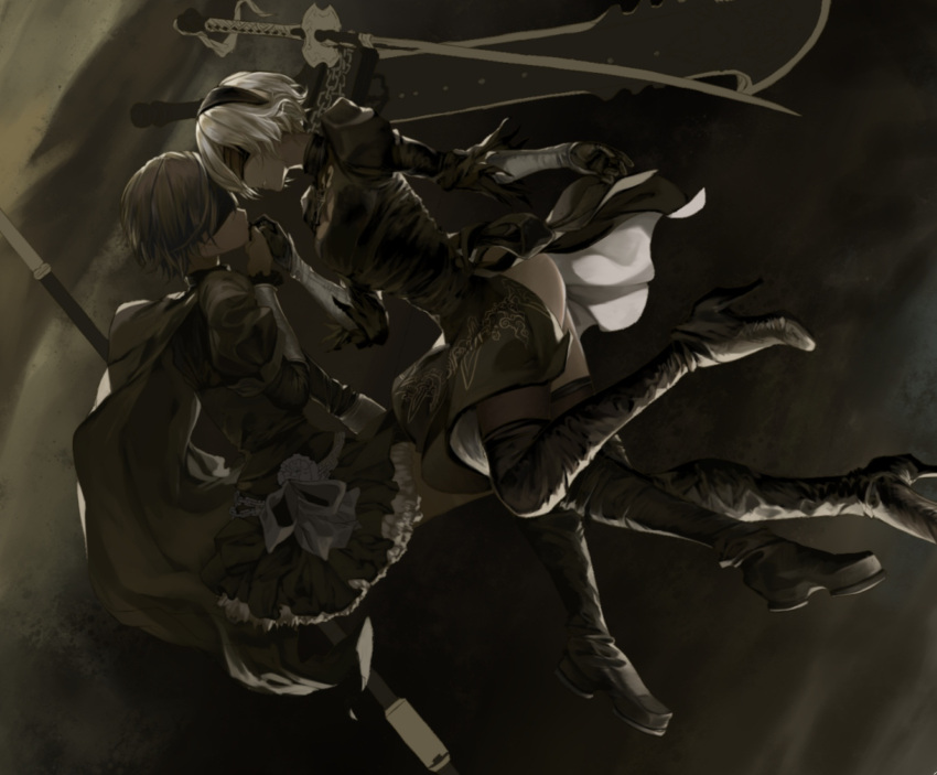 2girls black_hair blindfold boots broadsword cape crescent_rose crossover dishwasher1910 frilled_skirt frills hairband hand_kiss highres juliet_sleeves katana kiss long_sleeves multiple_girls nier_(series) nier_automata puffy_sleeves ruby_rose rwby scythe skirt sword weapon white_hair wind wind_lift yorha_no._2_type_b