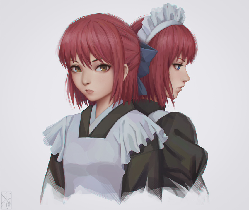 2girls apron back-to-back blue_bow blue_eyes bow commentary cropped_torso expressionless eyelashes frills grey_background hair_between_eyes hair_bow highres hisui japanese_clothes kohaku lips looking_at_viewer maid maid_apron maid_headdress miura-n315 multiple_girls nose profile redhead short_hair siblings simple_background sisters sketch tsukihime twins yellow_eyes