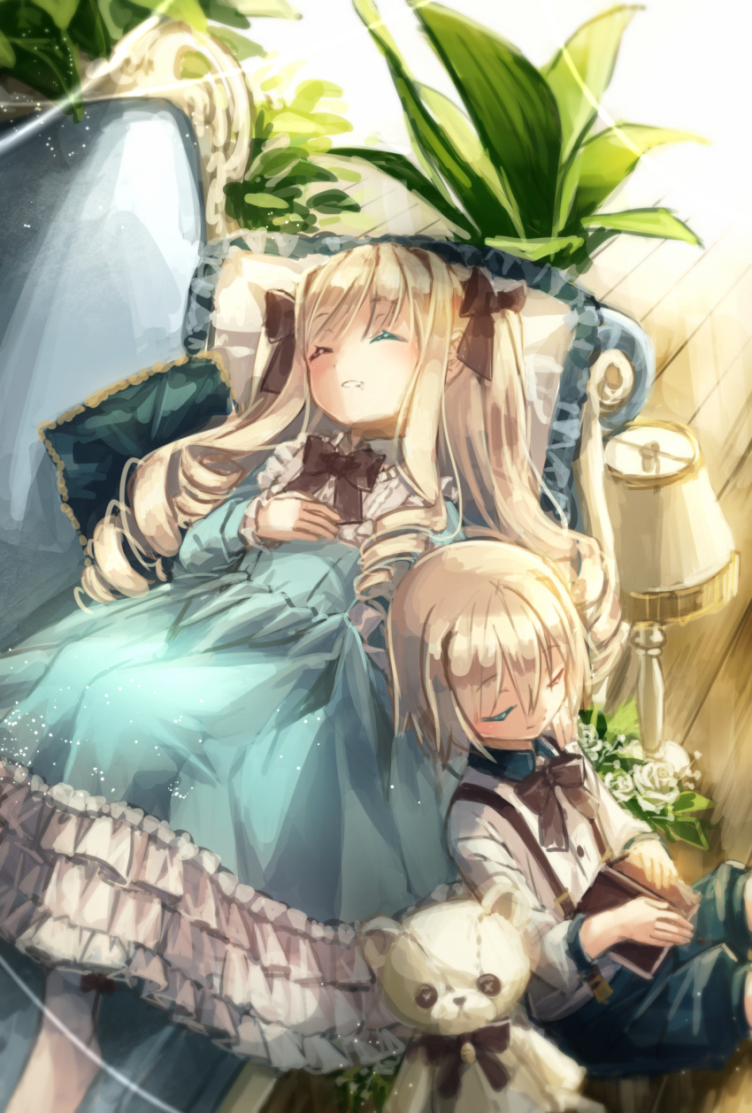 2girls ^_^ black_bow black_bowtie blonde_hair blue_dress blue_shorts book bow bowtie closed_eyes couch cushion dress drill_hair eyebrows_visible_through_hair flower frills from_above hair_between_eyes hand_on_another's_shoulder hand_on_own_chest highres lamp lying multiple_girls on_back original parted_lips plant rose shorts sitting sketch sleeping smile stuffed_animal stuffed_toy suspenders teddy_bear two_side_up white_legwear white_rose wooden_floor yumeichigo_alice