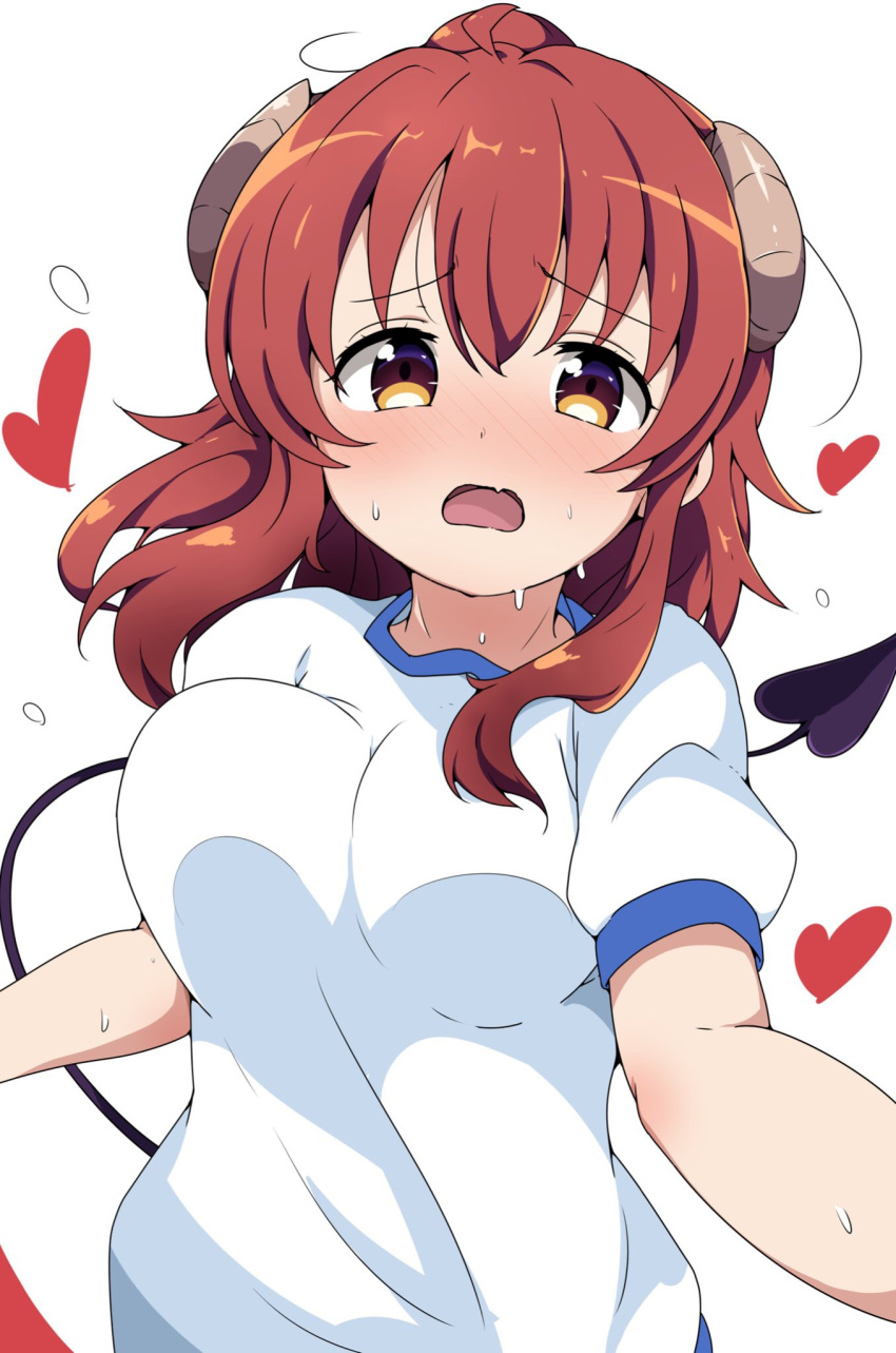 1girl ahoge blush bouncing_breasts breasts brown_eyes brown_hair demon_girl demon_horns demon_tail eyebrows_visible_through_hair gym_shirt gym_uniform heart highres horns large_breasts long_hair looking_at_viewer machikado_mazoku open_mouth riyo_(aokiwazumi) running shiny shiny_hair shirt short_sleeves simple_background solo sweat tail unaligned_breasts upper_body white_background white_shirt yoshida_yuuko_(machikado_mazoku)