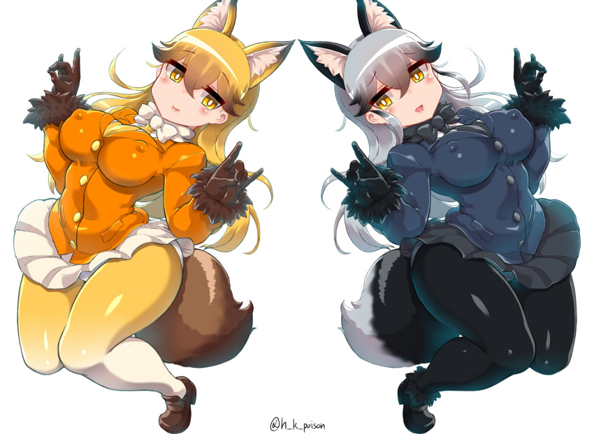 2girls animal_ears black_bow black_bowtie black_gloves black_legwear black_necktie black_skirt blazer bow bowtie brown_gloves buttons erect_nipples extra_ears eyebrows_visible_through_hair ezo_red_fox_(kemono_friends) fox_ears fox_shadow_puppet fox_tail fur_trim gloves haku_hakujou_daimaou highres jacket kemono_friends loafers long_hair long_sleeves looking_at_viewer multicolored multicolored_clothes multicolored_legwear multiple_girls necktie panties panties_under_pantyhose pantyhose pleated_skirt shoes signature silver_fox_(kemono_friends) silver_hair skirt tail underwear white_bow white_bowtie white_panties white_skirt wide_hips yellow_eyes yellow_necktie