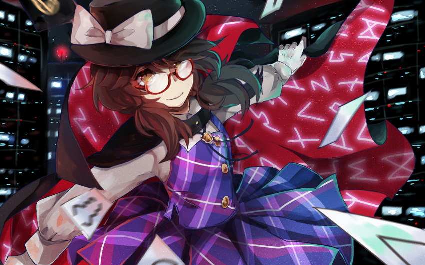 1girl brown_eyes brown_hair buttons cape card cityscape glasses gloves hat hat_ribbon kasahara_udori long_sleeves looking_at_viewer plaid plaid_skirt plaid_vest pleated_skirt red-framed_eyewear ribbon school_uniform short_hair skirt smile solo touhou twintails usami_sumireko vest zener_card