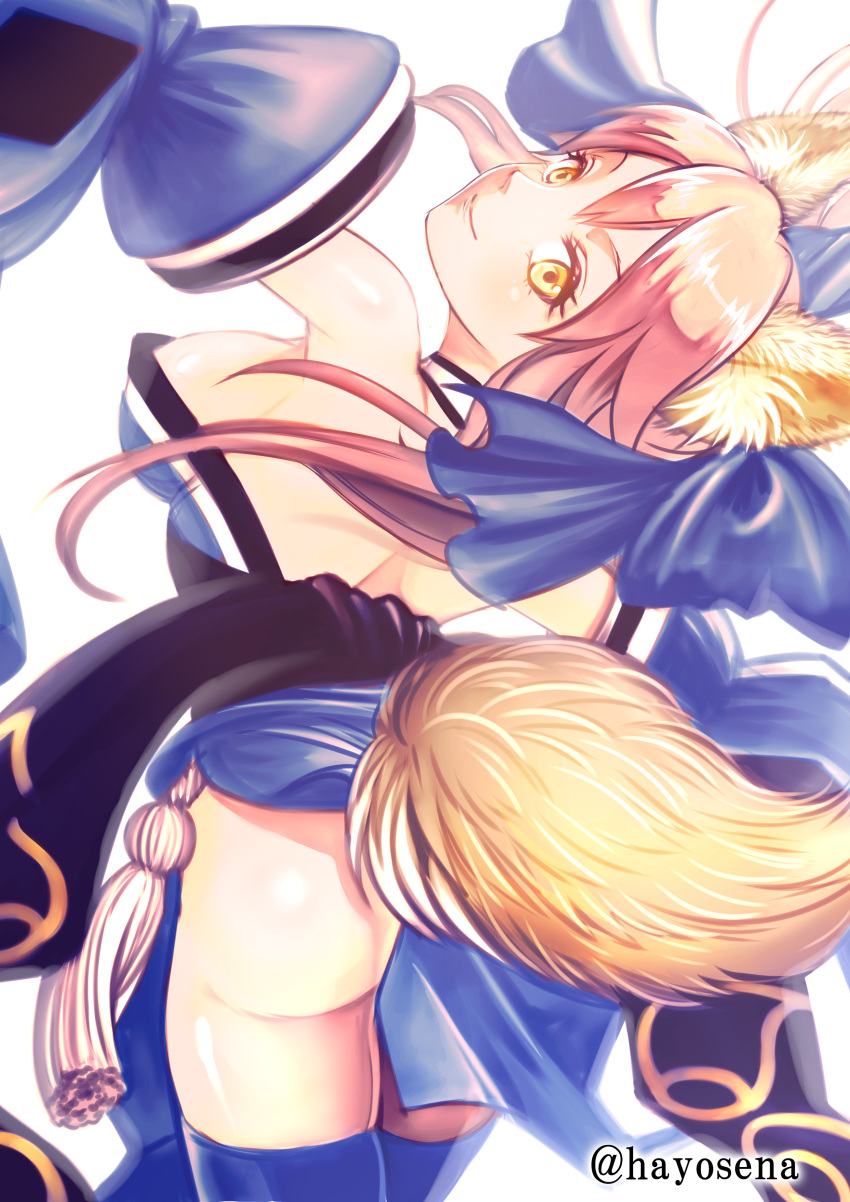 1girl absurdres animal_ears ass blue_legwear bow breasts detached_sleeves fate/extra fate_(series) fox_ears fox_tail hair_bow hair_ribbon hayosena highres japanese_clothes looking_at_viewer looking_back pink_hair ribbon sideboob simple_background solo tail tamamo_(fate)_(all) tamamo_no_mae_(fate) white_background yellow_eyes