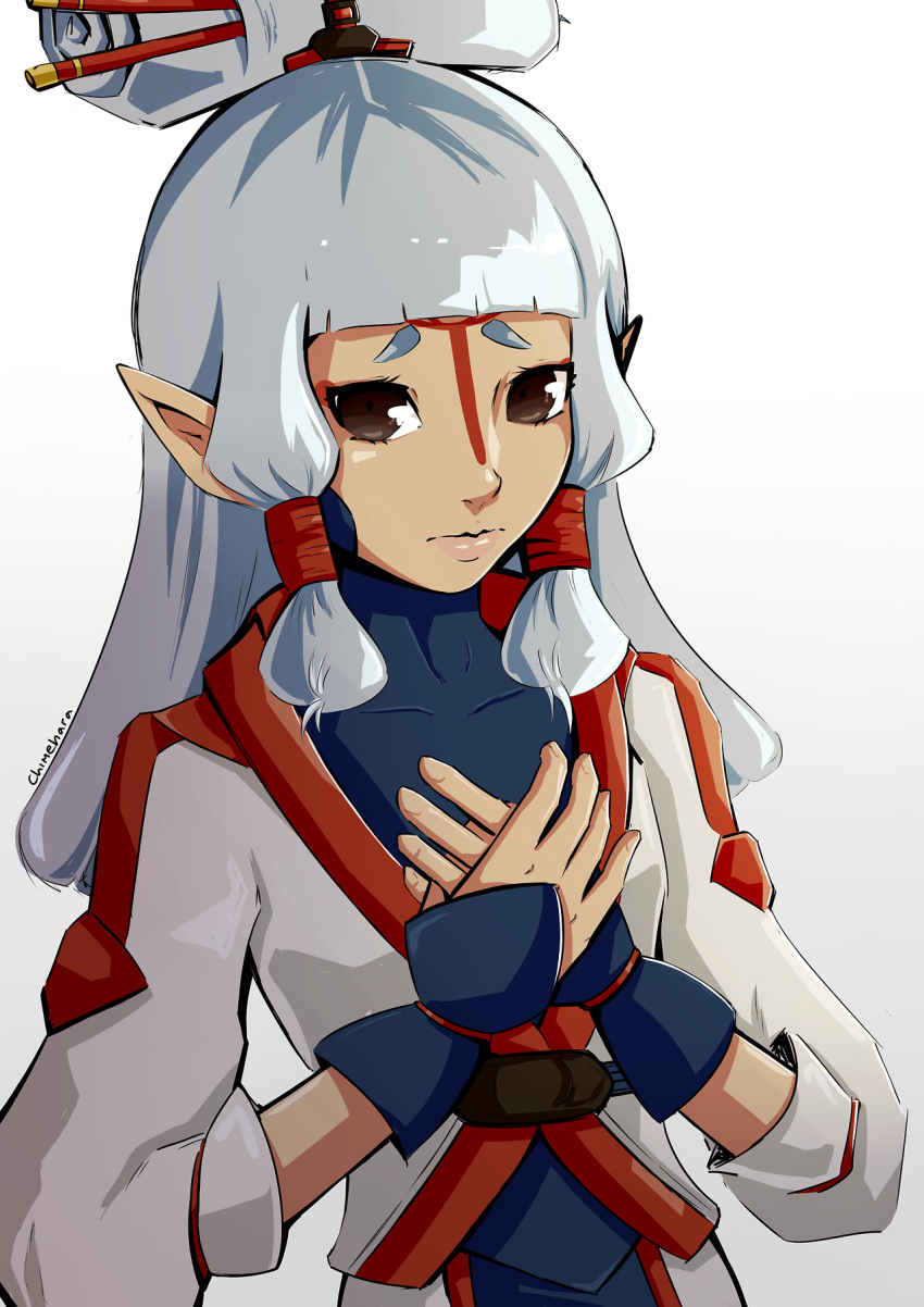 1girl bangs belt blue_shirt bridal_gauntlets brown_eyes chimehara collarbone facial_mark fingerless_gloves forehead_mark gloves hair_ornament hair_tubes hand_on_own_chest highres jacket long_hair looking_at_viewer npc paya pointy_ears shirt simple_background solo the_legend_of_zelda the_legend_of_zelda:_breath_of_the_wild upper_body white_background white_hair