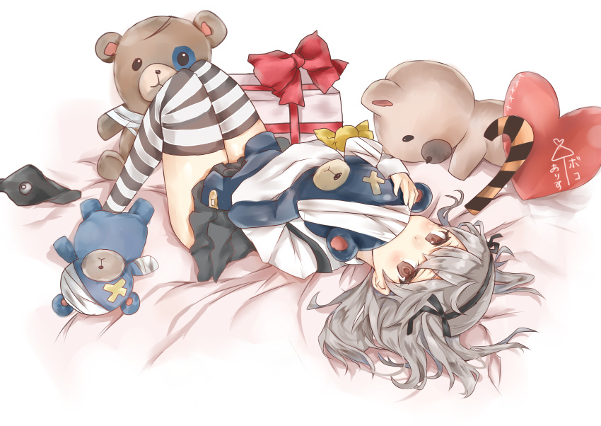 1girl absurdres bandage bangs bed black_legwear black_ribbon black_skirt boko_(girls_und_panzer) brown_eyes candy candy_cane casual covered_mouth food full_body gift girls_und_panzer hair_ribbon heart heart_pillow highres holding holding_stuffed_animal hoshimiya_nazuna layered_skirt light_brown_hair long_hair long_sleeves looking_at_viewer lying no_shoes on_back pillow ribbon shimada_arisu shirt side_ponytail skirt solo striped striped_legwear stuffed_animal stuffed_toy suspender_skirt suspenders teddy_bear thigh-highs translated white_shirt