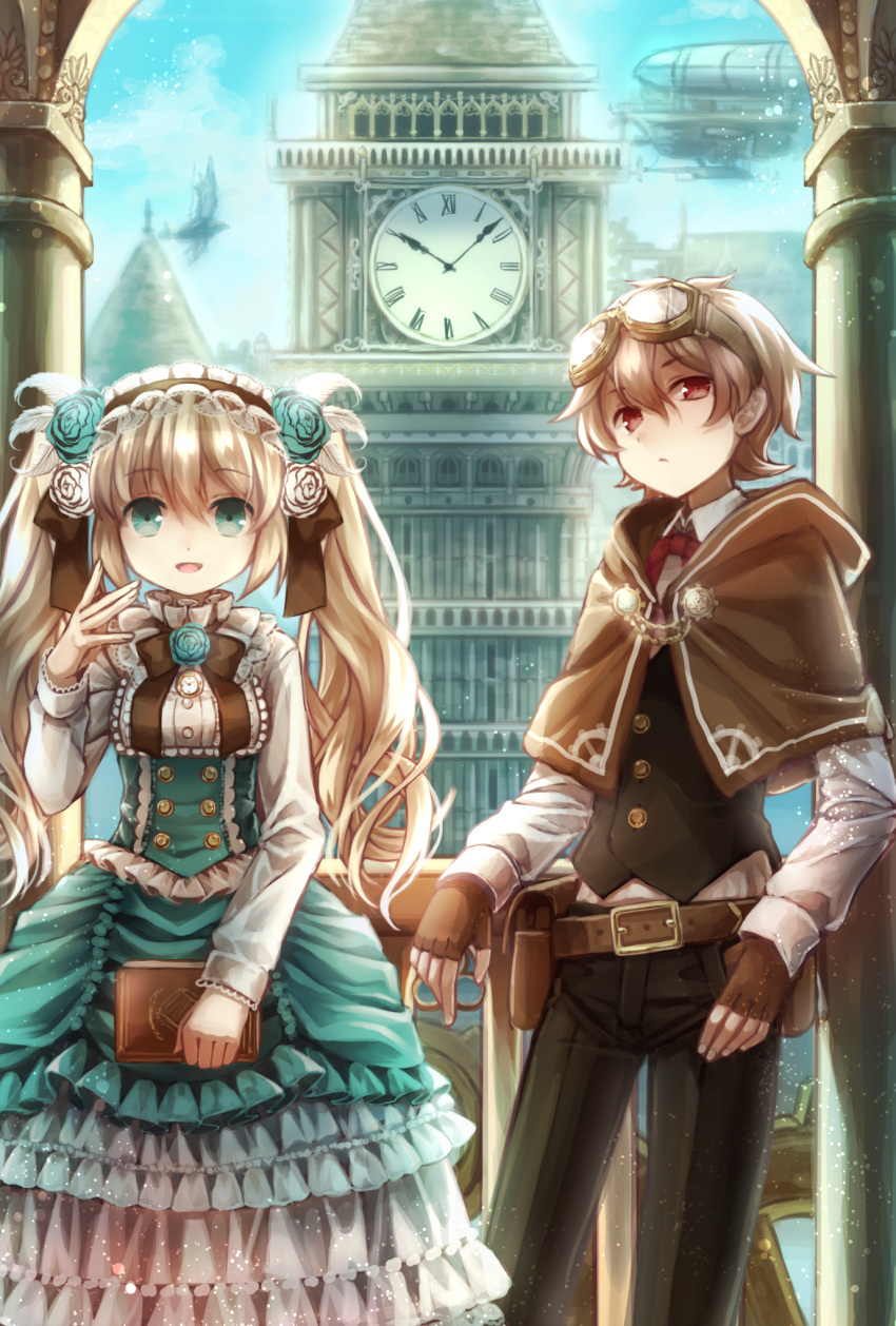 1boy 1girl :/ :d airship aqua_eyes belt black_pants blonde_hair blue_rose book brown_gloves brown_hair capelet clock clock_tower closed_mouth collared_shirt day eyebrows_visible_through_hair fingerless_gloves flower frills gears gloves goggles goggles_on_head hair_between_eyes hairband head_tilt highres holding holding_book lolita_hairband long_sleeves looking_at_viewer neck_ribbon open_mouth original outdoors pants railing red_eyes red_ribbon ribbon rose shirt skirt smile standing tower twintails white_rose white_shirt wing_collar yumeichigo_alice