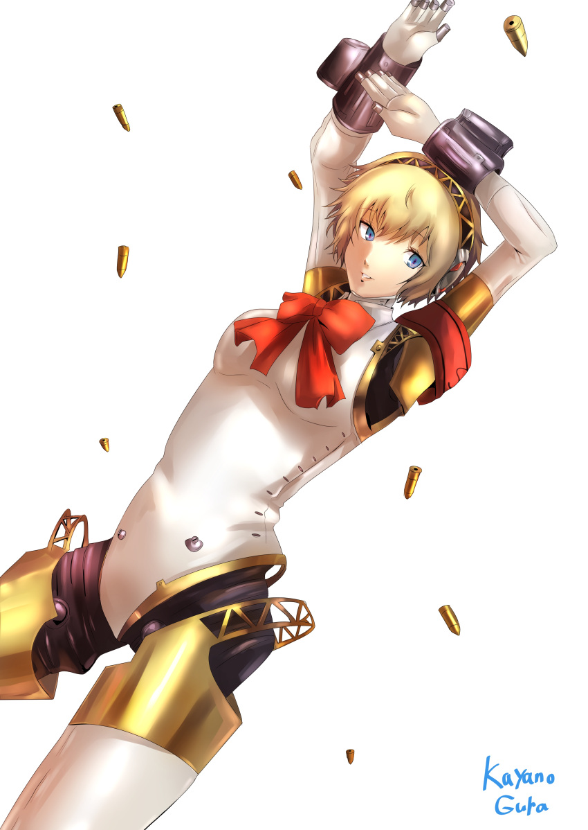 1girl absurdres aegis aegis_(persona) arms_up blonde_hair blue_eyes bodysuit dutch_angle highres mechanical_parts persona persona_3 ribbon shell_casing short_hair solo white_background