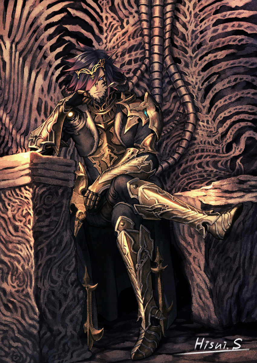 1boy arm_rest armor armored_boots armored_coat au_ra avatar_(ff14) blue_eyes boots breastplate closed_mouth coat colored_sclera crossed_legs elbow_rest final_fantasy final_fantasy_xiv full_body gauntlets hand_on_own_cheek hand_on_own_face hand_up head_rest highres horns leaning_to_the_side light_smile looking_at_viewer male_focus medium_hair multicolored_hair purple_hair red_sclera redhead scales shoulder_armor sitting solo sumeragi_hisui throne two-tone_hair