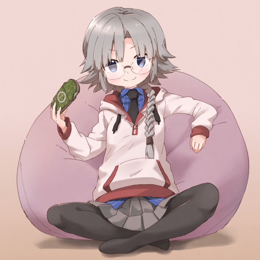 1girl bean_bag_chair black_legwear blue_eyes blush camouflage deguchi_touko eyebrows_visible_through_hair gakkou_gurashi! game_console grey_hair grey_skirt handheld_game_console highres hood hoodie looking_at_viewer okayparium pantyhose playstation_portable sitting skirt smile solo thigh-highs