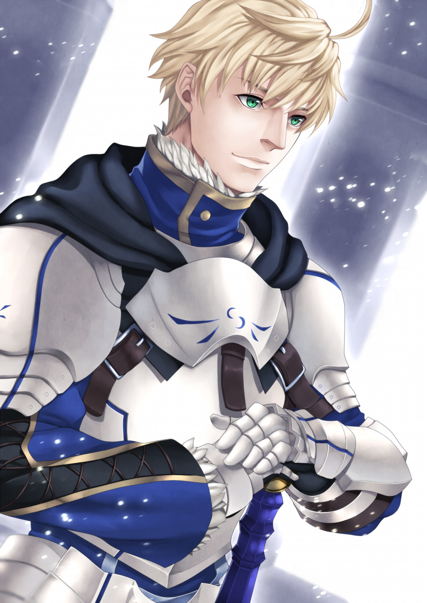 1boy ahoge armor blonde_hair buckle byakuya_kaien closed_mouth commentary_request cross-laced_clothes face fate/grand_order fate/prototype fate_(series) faulds gauntlets green_eyes hands_on_hilt high_collar highres leather long_sleeves pillar saber_(fate/prototype) solo spaulders upper_body vambraces