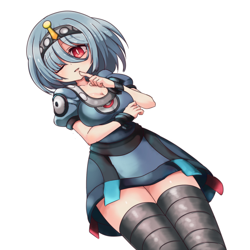 1girl ;d bangs blush bob_cut borokuro breast_hold breasts bridal_gauntlets bright_pupils cleavage collarbone dress dutch_angle eyeball eyebrows_visible_through_hair finger_to_mouth grey grey_hair grey_hairband grey_legwear hairband highres looking_at_viewer magnezone medium_breasts one_eye_closed open_mouth pokemon pokemon_(game) pokemon_dppt puffy_short_sleeves puffy_sleeves red_eyes shiny shiny_skin short_dress short_hair short_sleeves simple_background smile solo standing tareme taut_clothes taut_dress thigh-highs white_background wristband zettai_ryouiki