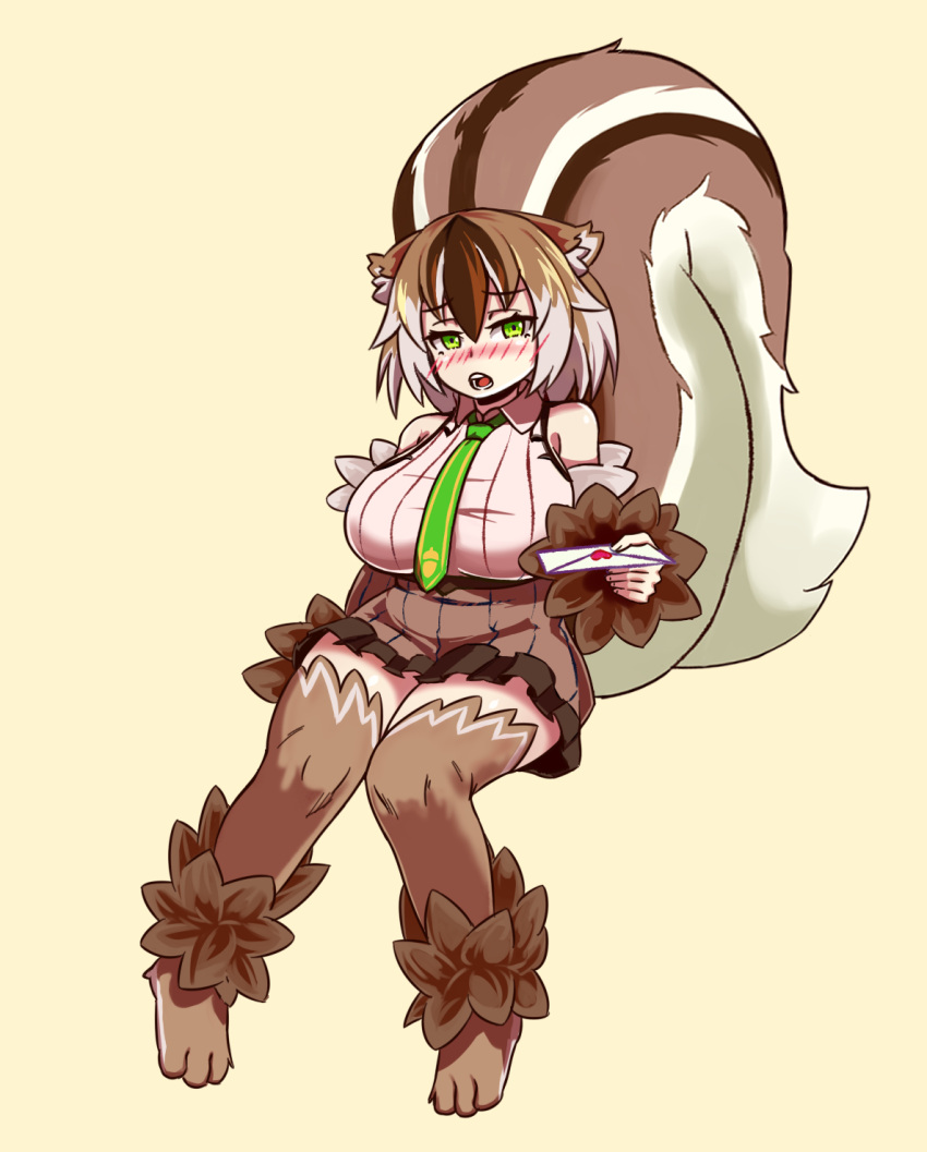 1girl animal_ears bare_shoulders beige_background blush breasts brown_fur brown_hair brown_skirt embarrassed fluffy full_body fur green_eyes green_necktie highres huge_breasts knees_together_feet_apart letter looking_at_viewer love_letter monster_girl monster_girl_encyclopedia multicolored_hair nav necktie open_mouth paws ratatoskr_(monster_girl_encyclopedia) short_hair simple_background skirt solo squirrel_ears squirrel_tail streaked_hair striped_tail tail white_hair