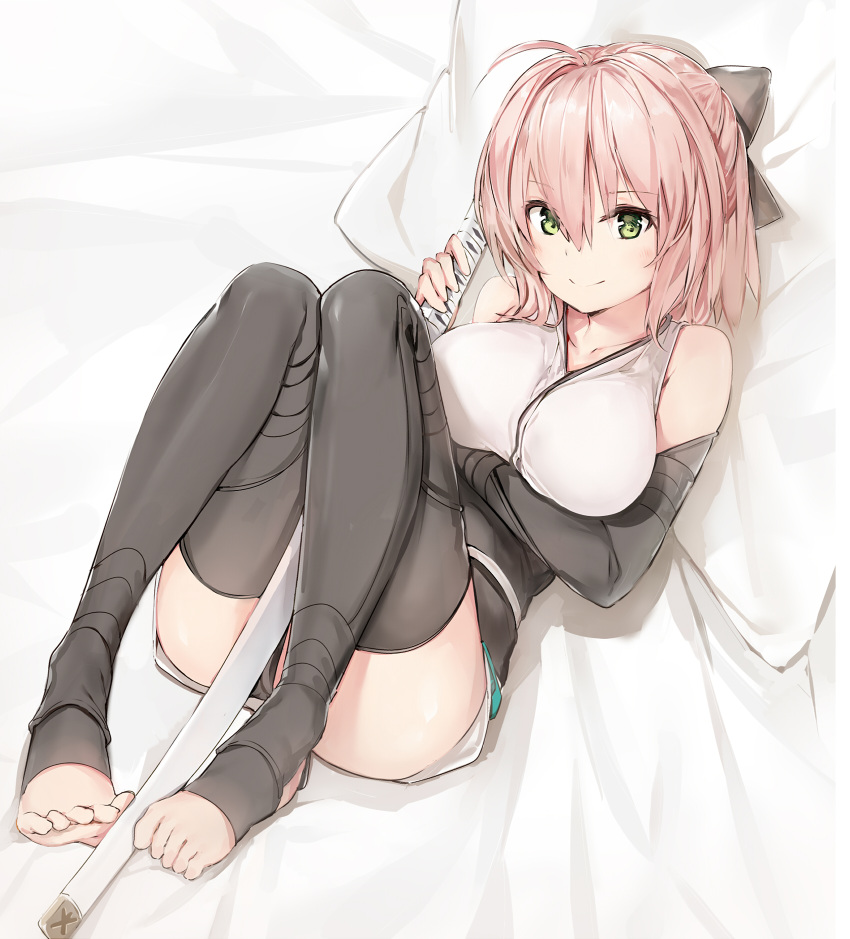 1girl ahoge bare_shoulders bed_sheet between_legs black_legwear black_panties blonde_hair blush bow commentary_request eyebrows_visible_through_hair fate_(series) feet full_body green_eyes hair_bow highres holding holding_sword holding_weapon japanese_clothes kimono koha-ace looking_at_viewer lying on_back on_bed panties pillow sakura_saber sash sheath sheathed short_hair short_kimono silver_(chenwen) smile solo sword thigh-highs toeless_legwear toes underwear weapon yellow_eyes