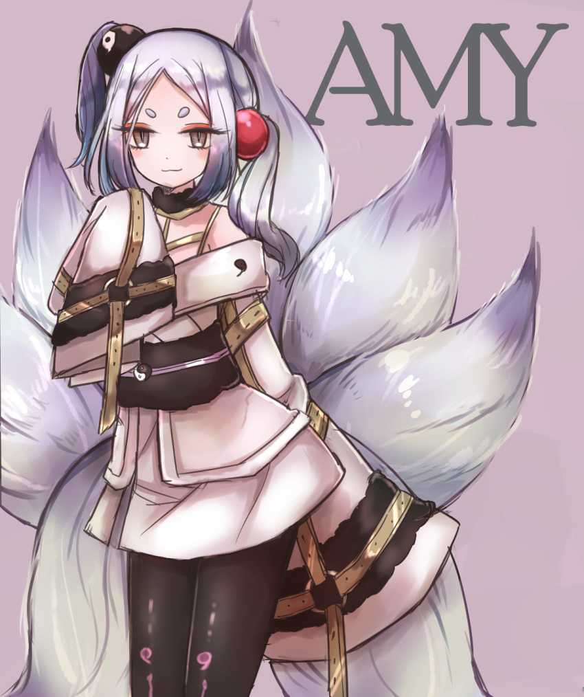 1girl amy_(mahoiku) brown_eyes butter_run fox_tail highres kitsune kyuubi mahou_shoujo_ikusei_keikaku mahou_shoujo_ikusei_keikaku_f2p multiple_tails pantyhose side_ponytail silver_hair sleeves_past_wrists smirk solo tail wide_sleeves