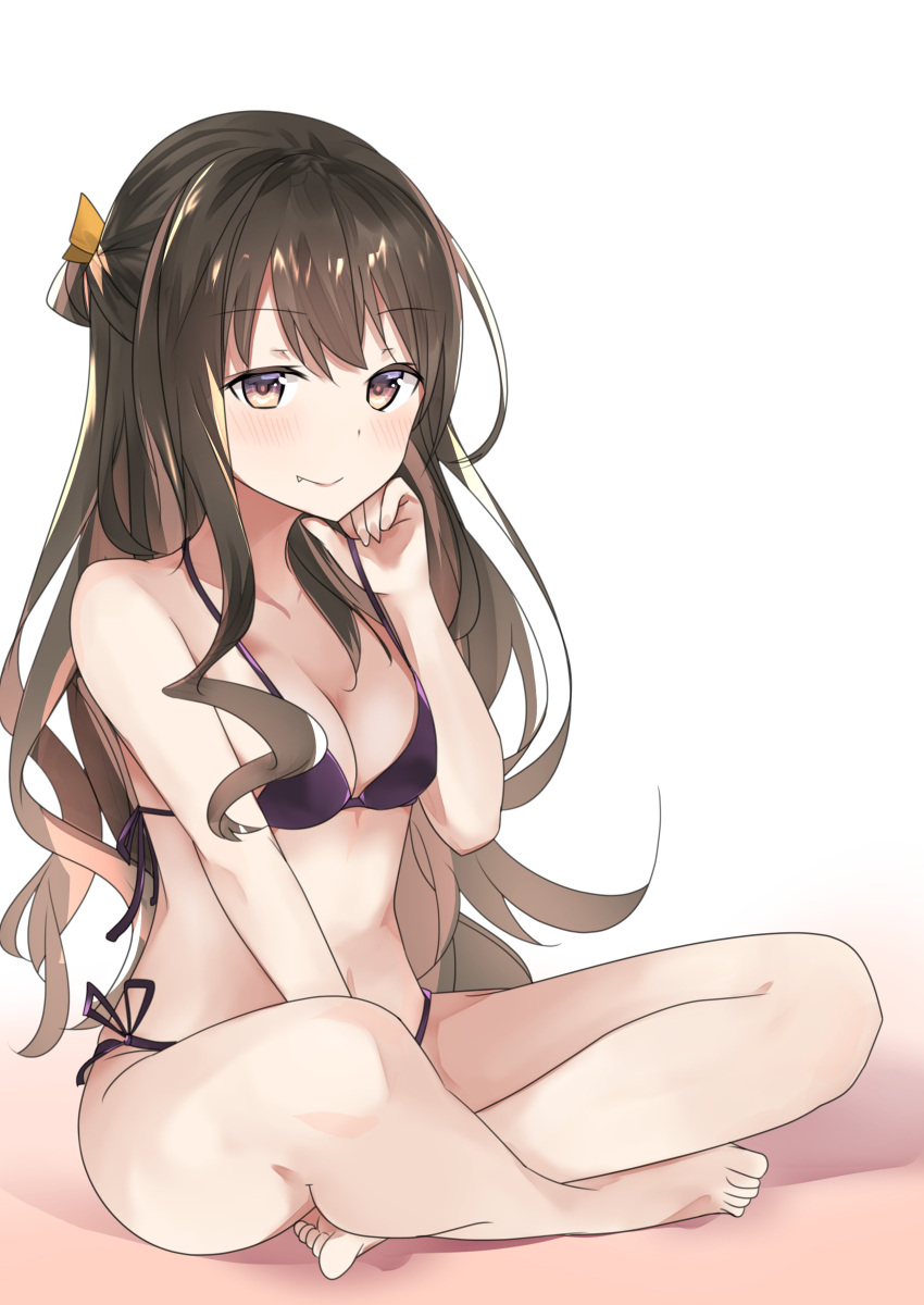 1girl absurdres bangs barefoot bikini blush breasts brown_eyes brown_hair cleavage closed_mouth collarbone eyebrows_visible_through_hair fang_out half_updo highres indian_style kantai_collection long_hair looking_at_viewer medium_breasts naganami_(kantai_collection) natsu_(sinker8c) navel purple_bikini side-tie_bikini sitting smile solo strap_pull swimsuit wavy_hair