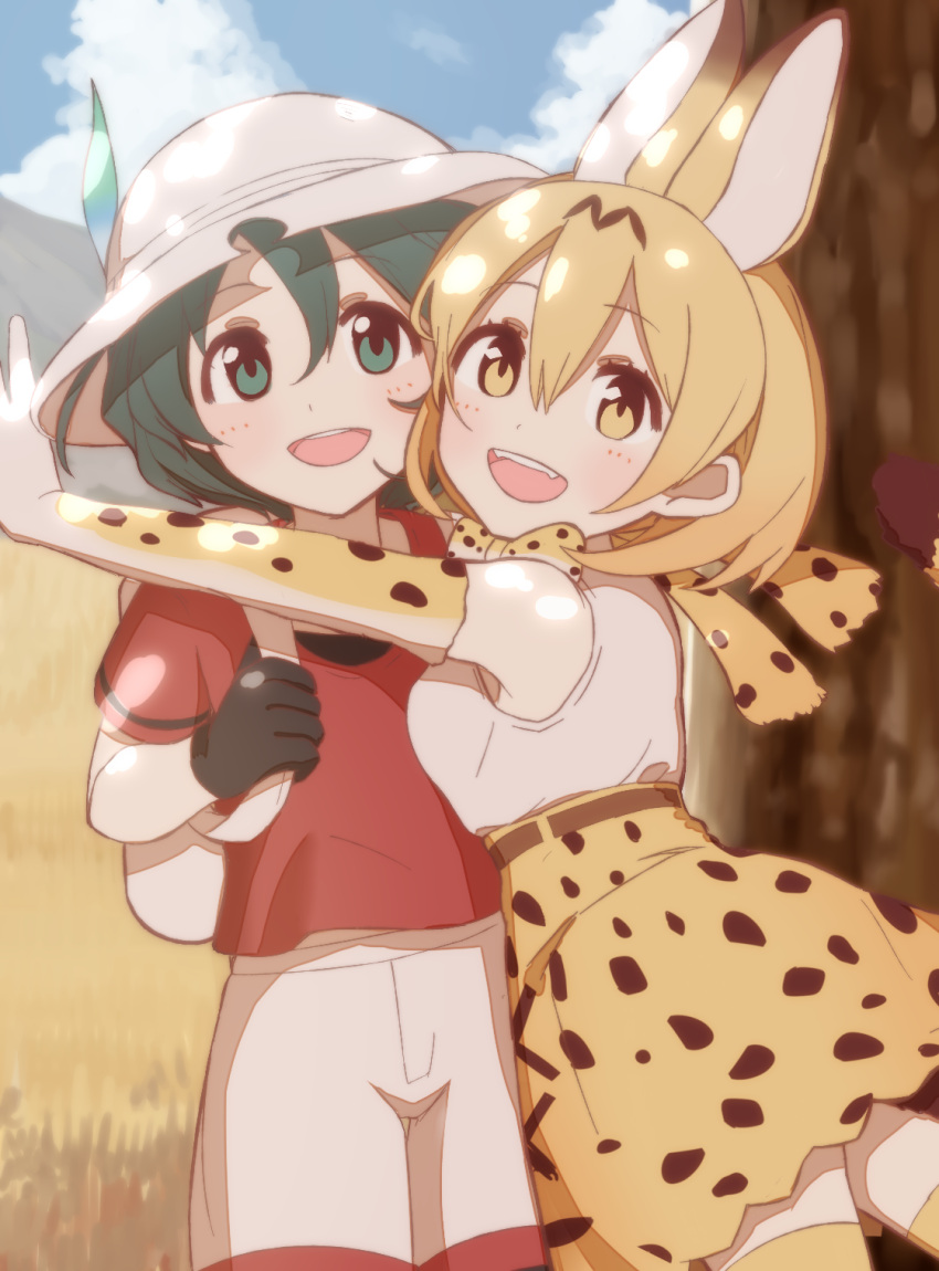 2girls animal_ears backpack bag bare_shoulders black_hair blonde_hair blush bow bowtie bucket_hat cat_ears cat_tail elbow_gloves gloves hat hat_feather highres hug kaban kemono_friends monotiina multiple_girls serval_(kemono_friends) serval_ears serval_print serval_tail short_hair skirt smile tail