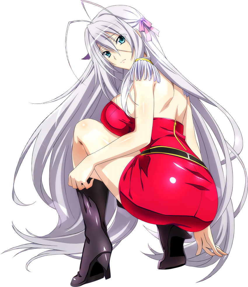 1girl antenna_hair ass black_boots blue_eyes boots breasts dress hair_between_eyes hair_ribbon high_heel_boots high_heels high_school_dxd highres large_breasts long_hair looking_at_viewer looking_back pink_ribbon red_dress ribbon rossweisse shiny shiny_clothes shiny_skin short_dress sideboob silver_hair sleeveless sleeveless_dress solo squatting strapless strapless_dress transparent_background very_long_hair
