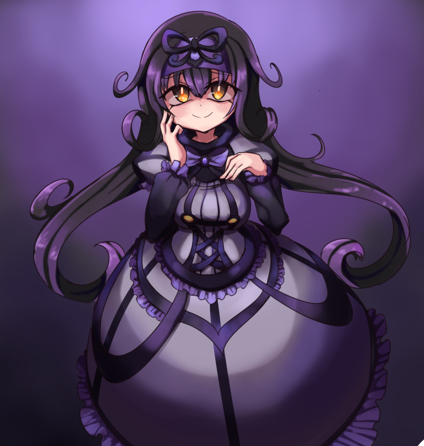 1girl bangs black_hair black_ribbon blush borokuro bow bowtie breasts bright_pupils chandelure closed_mouth corset dress empty_eyes eyebrows_visible_through_hair eyelashes eyes_visible_through_hair fingernails frilled_dress frilled_sleeves frills gothic_lolita hair_between_eyes hair_flaps hairband hand_on_own_cheek hand_on_own_face highres lolita_fashion long_hair long_sleeves looking_at_viewer medium_breasts orange_eyes personification pokemon pokemon_(game) pokemon_bw puffy_long_sleeves puffy_sleeves purple purple_background purple_bow purple_dress purple_hairband ribbon sidelocks smile solo standing tareme taut_clothes taut_dress very_long_hair
