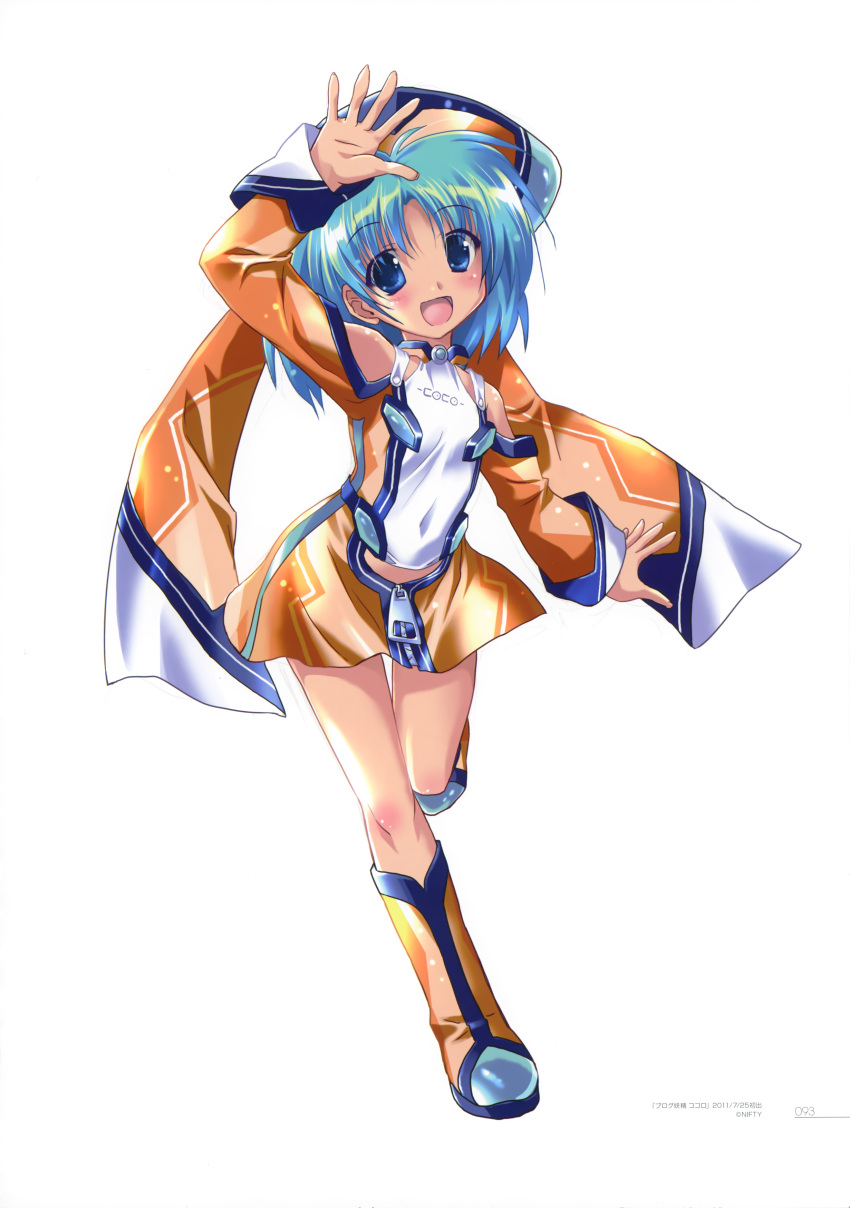 1girl :d absurdres am_up blog_yousei_cocolo blue_eyes blue_hair blush boots cocolo covered_navel eyebrows_visible_through_hair full_body hat highres komatsu_eiji long_hair looking_at_viewer one_leg_raised open_mouth shiny shiny_skin shirt simple_background skirt smile solo standing white_background white_shirt