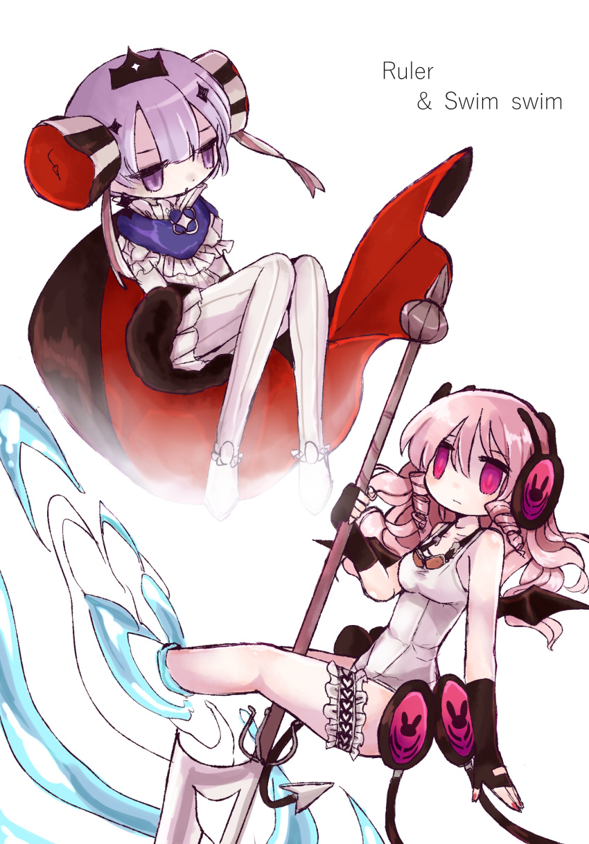 2girls bat_wings butter_run cape fingerless_gloves gloves goggles goggles_around_neck headphones highres mahou_shoujo_ikusei_keikaku mahou_shoujo_ikusei_keikaku_unmarked multiple_girls naginata pink_eyes pink_hair polearm purple_hair ruler_(mahoiku) swim_swim tiara violet_eyes weapon wings