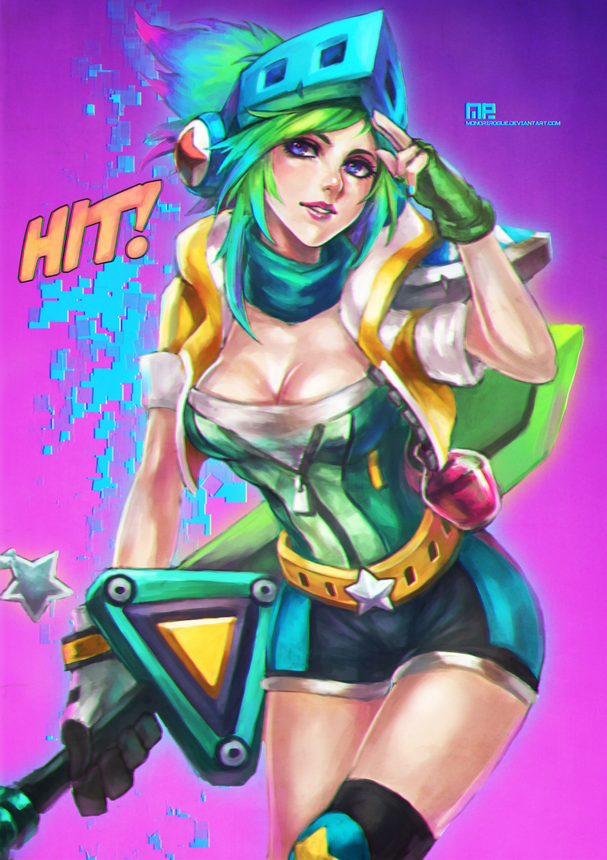 1girl absurdres alternate_costume arcade_riven belt_buckle breasts buckle cleavage commentary completion_time eyelashes fingerless_gloves gloves green_hair headphones highres knee_pads league_of_legends lipstick makeup medium_breasts mismatched_gloves monori_rogue nose pixelated reverse_grip riven_(league_of_legends) scarf short_hair shorts solo star sword violet_eyes visor weapon zipper